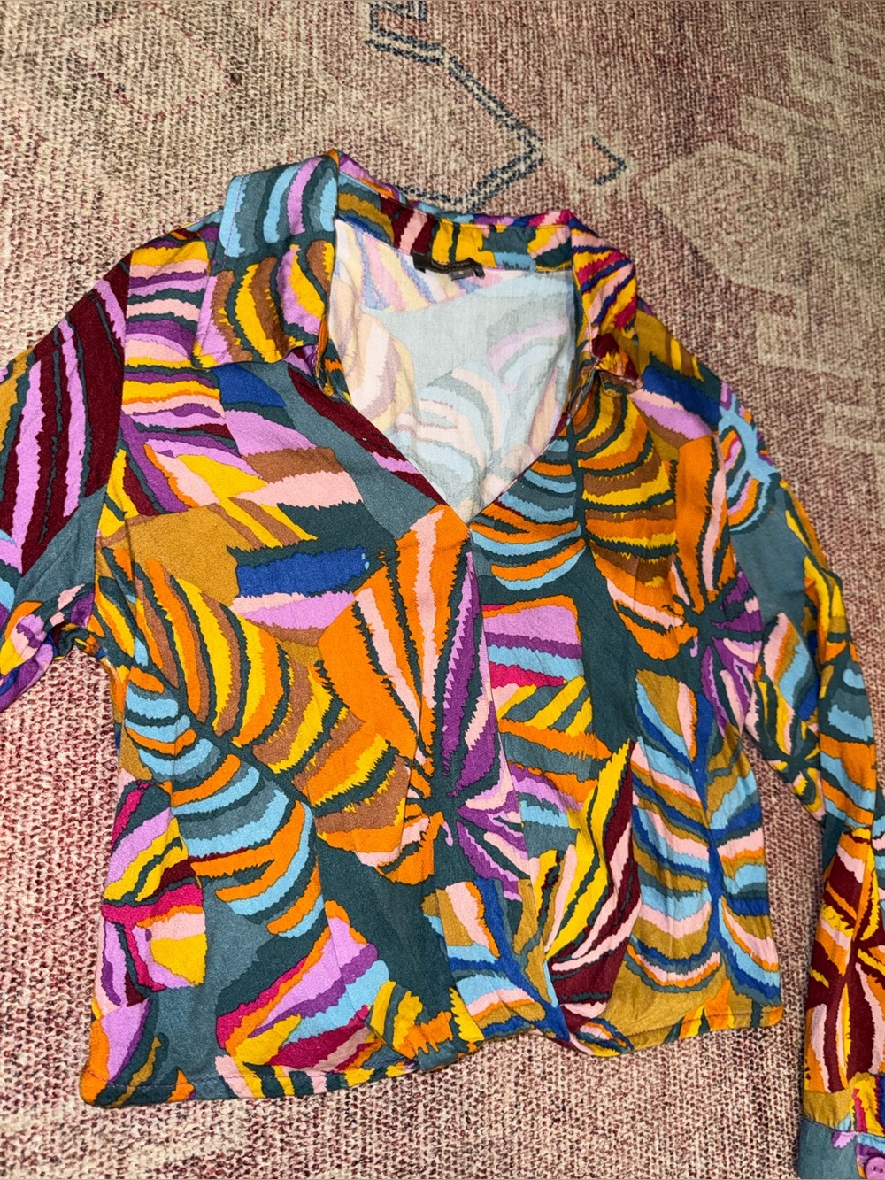 Haute Hippie monstera leaf print long sleeve pullover collared blouse small - Picture 2 of 11